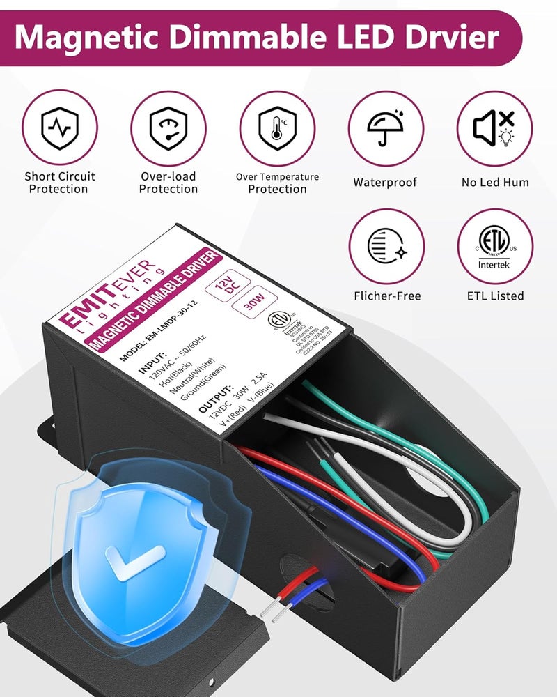 EMITEVER 30W Magnetic Dimmable LED Drvier, 12V Transformer Magnetic Power Supply 120VAC to 12VDC, Compatible with Lutron and Leviton Dimmer, for LED Strip Light,Kitchen,Cabinet,ETL Listed,Class2 - Image 3